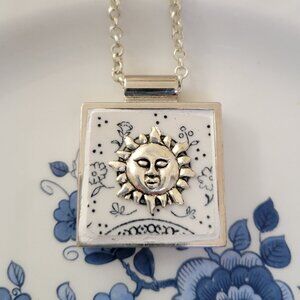 Blue & White Sun Charm Broken China Pendant Necklace